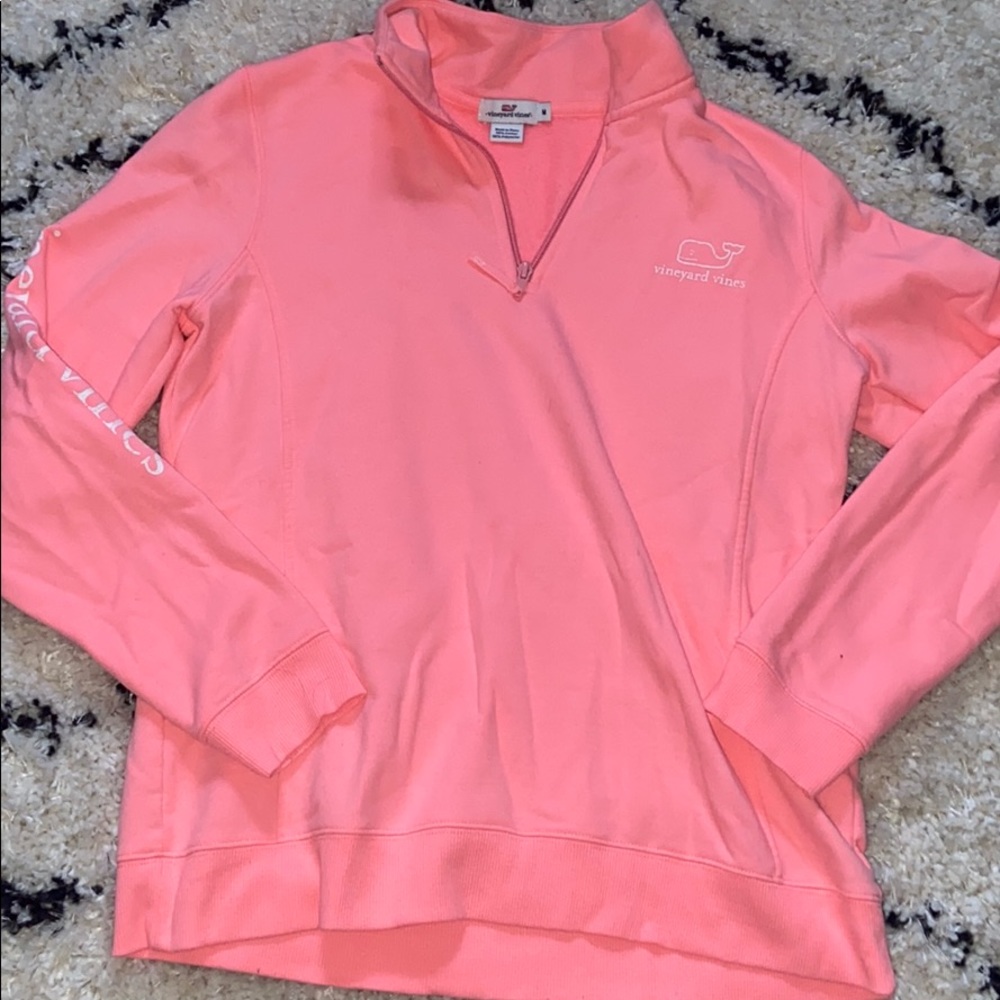 Bright peach colored vineyard vines quarter zip